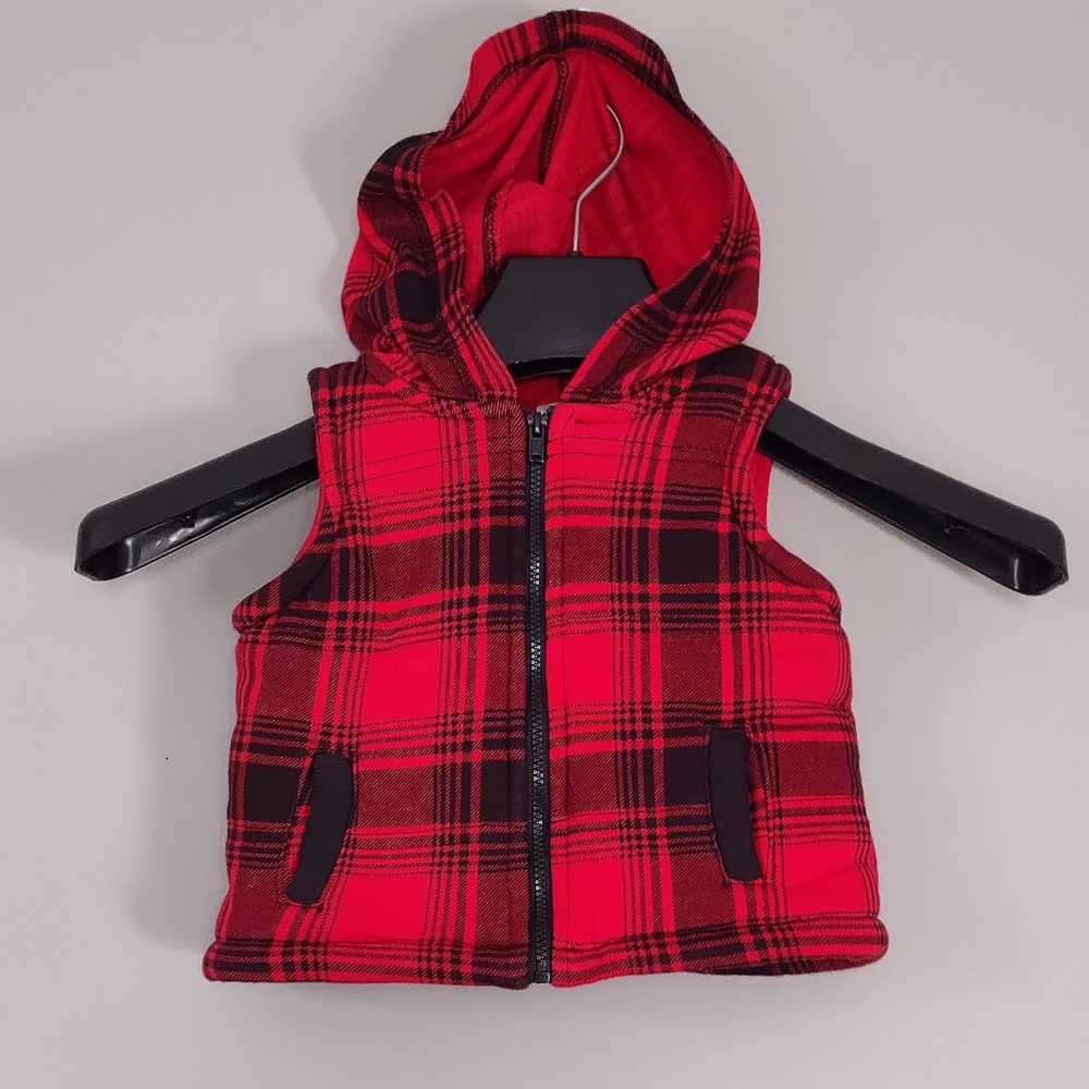 New Wonderkids 12M Red/Black Plaid Knit/Fleece Hooded Vest Jacket